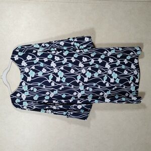 10565 Talbots navy, cream & mint green poppy print bell sleeve knit dress 6